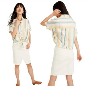 Madewell Pineapple stripe 100% linen tie front shirt XSmall